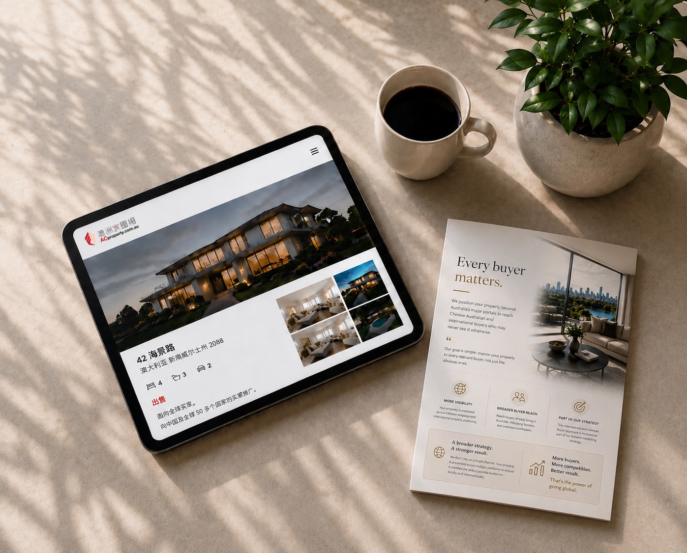 ACproperty listing on tablet with International Campaign Overview booklet