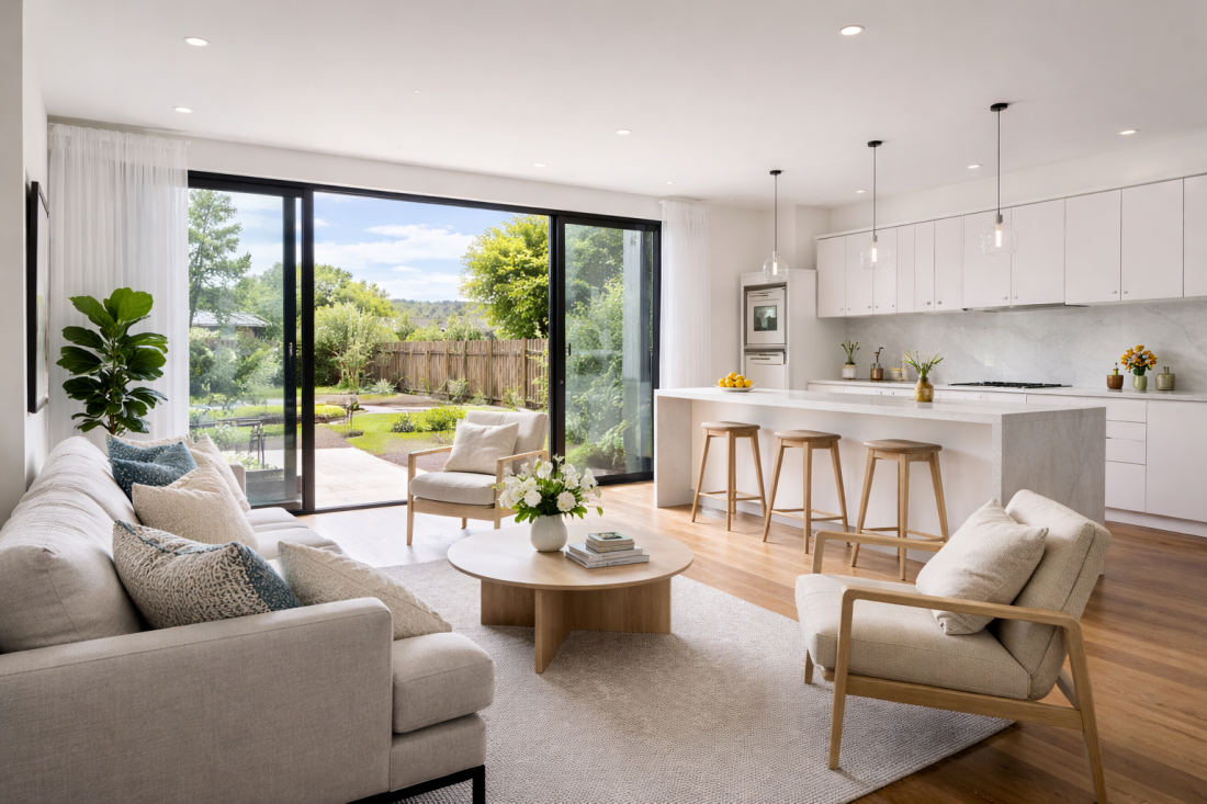 Bright open plan interior, staged home, aspirational