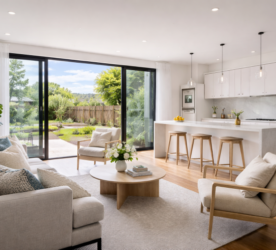Bright open plan interior, staged home, aspirational