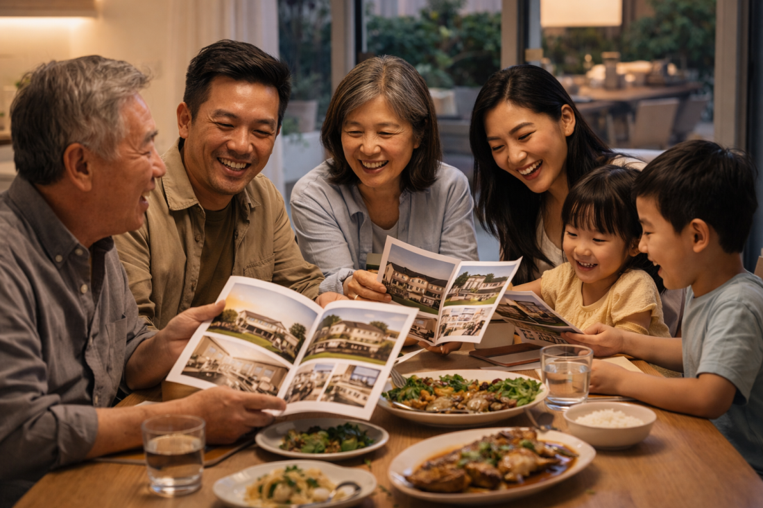 Chinese family, group decision, property brochures