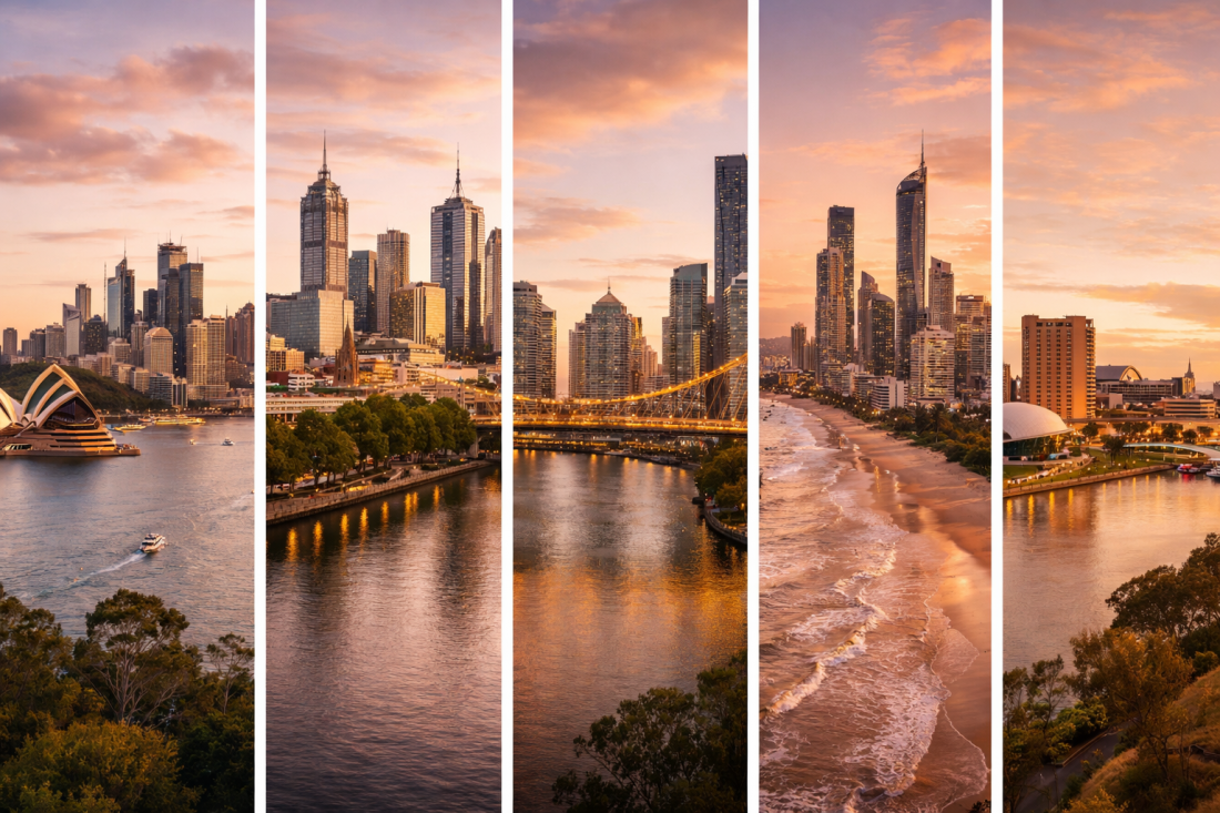 Three city skylines, Sydney Melbourne Brisbane