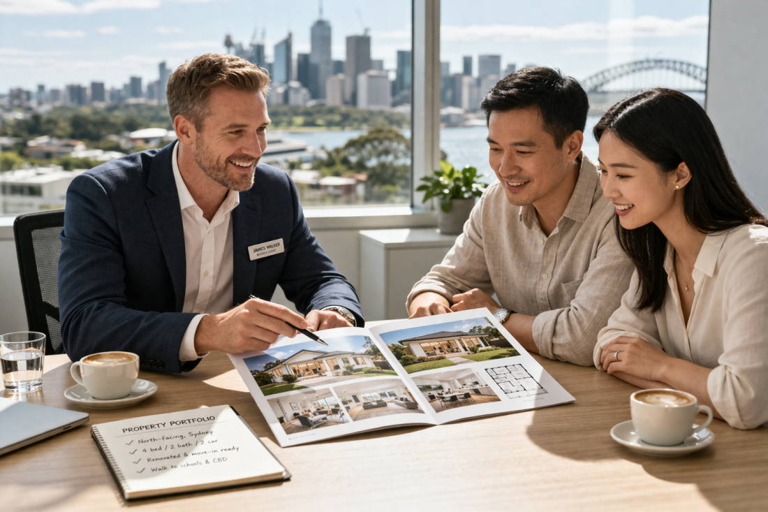 Agent with Chinese buyers, property meeting