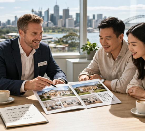 Agent with Chinese buyers, property meeting