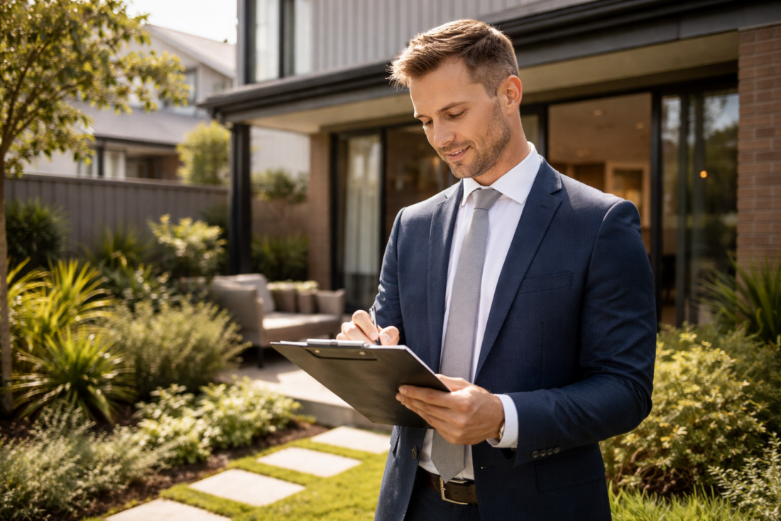 Agent with checklist, modern townhouse, evaluating