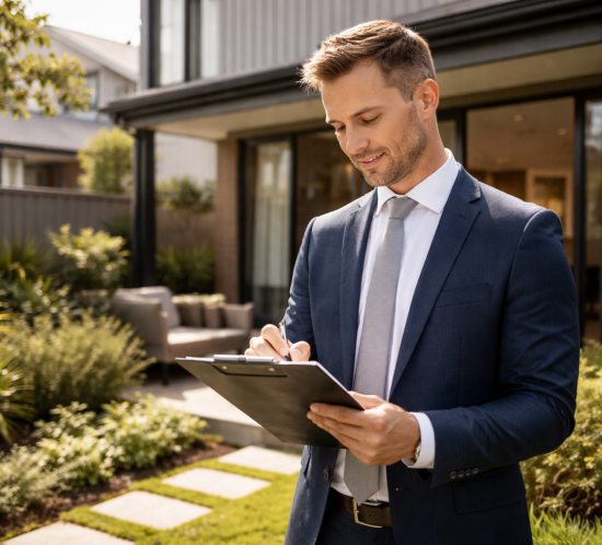 Agent with checklist, modern townhouse, evaluating