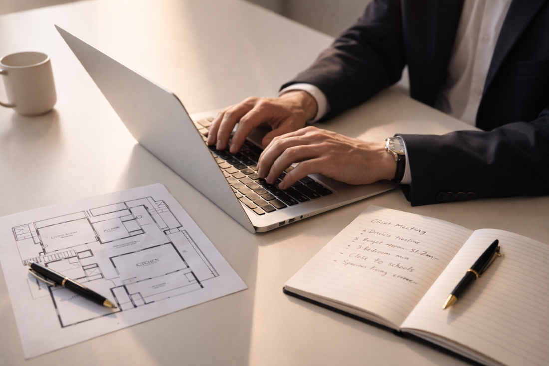 Writing property listing, agent at desk, floor plan