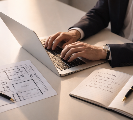 Writing property listing, agent at desk, floor plan