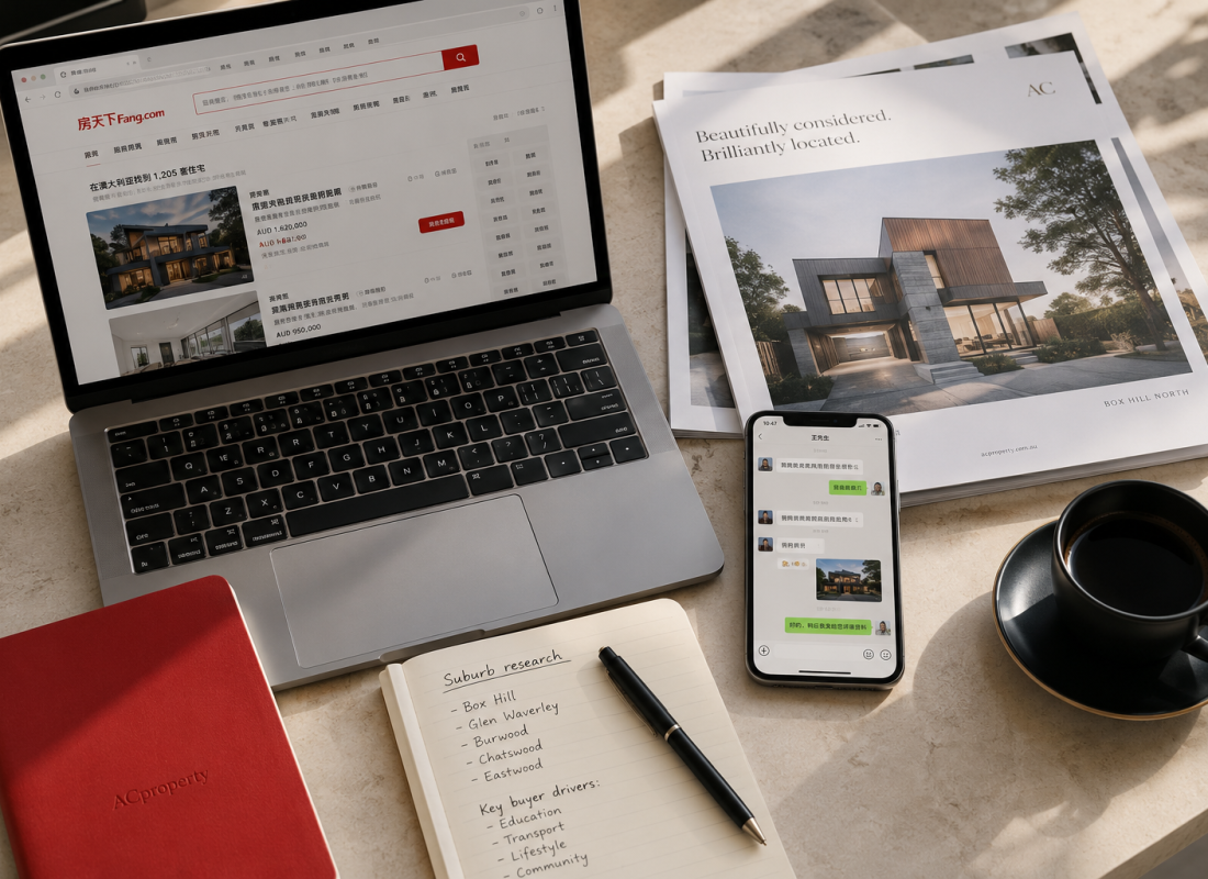 A laptop showing a Chinese property portal, a phone with WeChat, and a printed brochure on a desk