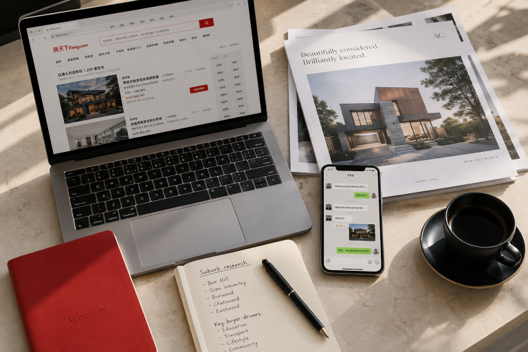 A laptop showing a Chinese property portal, a phone with WeChat, and a printed brochure on a desk