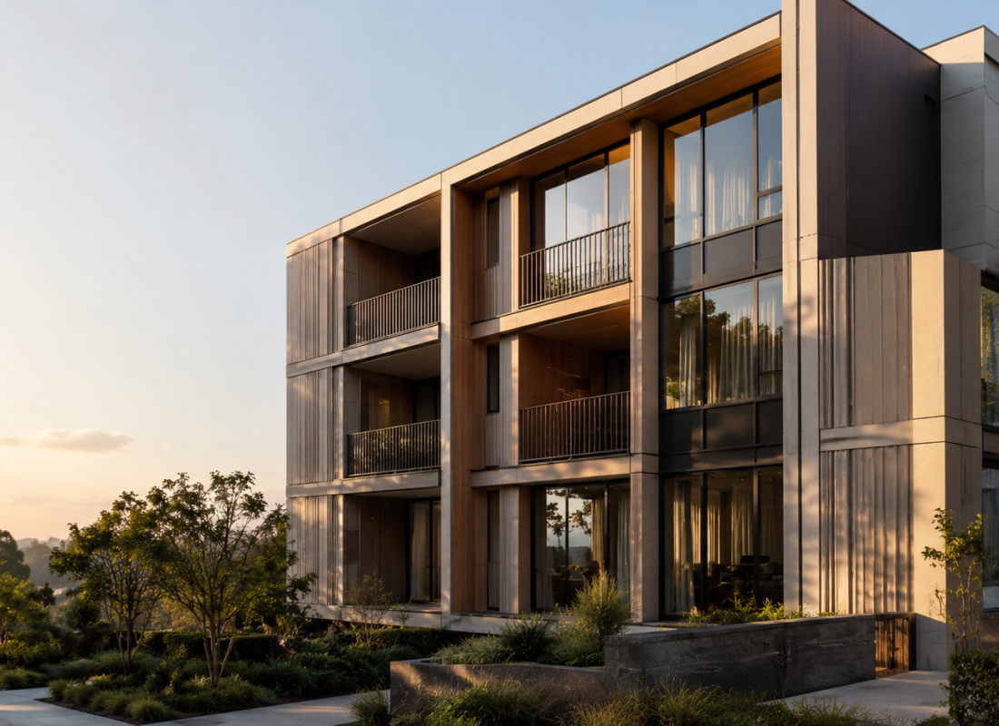 Contemporary mid-rise off-the-plan residential development at golden hour, timber and stone facade