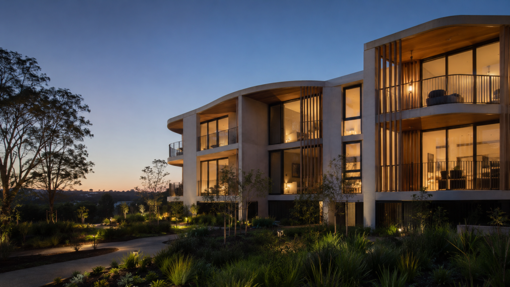 Contemporary low-rise apartment development at blue-hour dusk, warm-lit windows and native garden