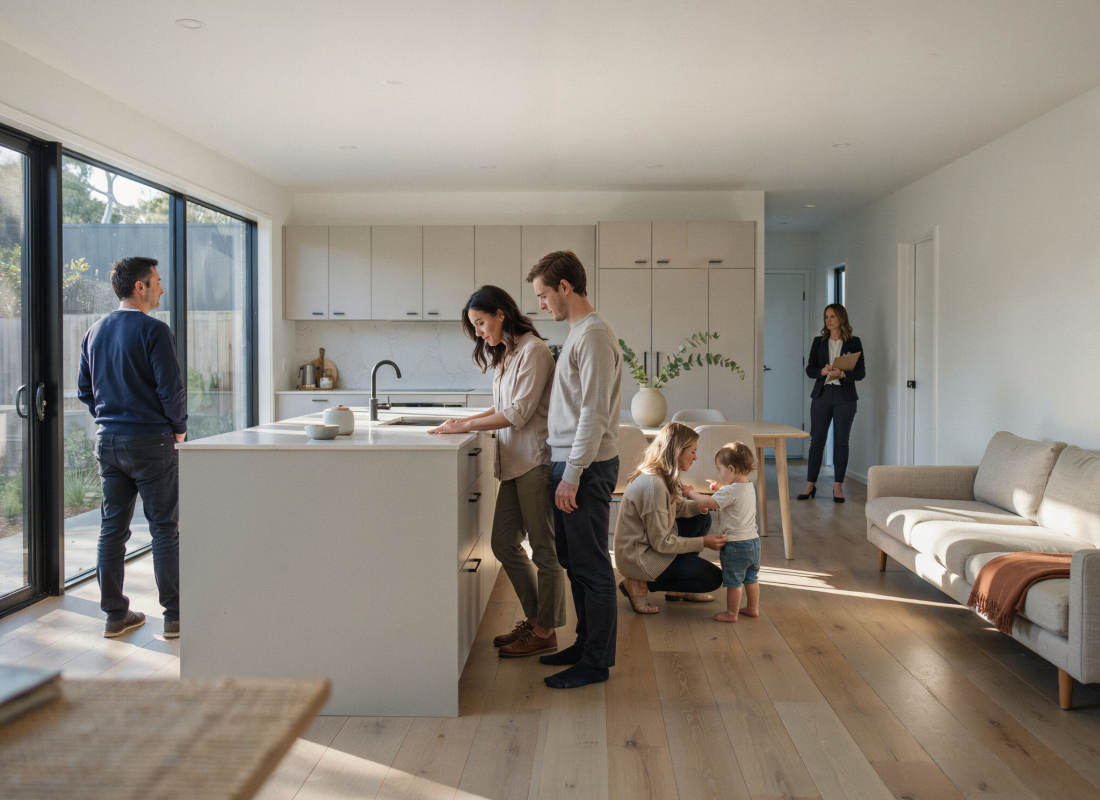 Several prospective buyers viewing a contemporary home during an open inspection