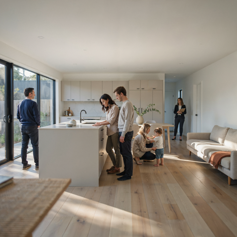 Several prospective buyers viewing a contemporary home during an open inspection