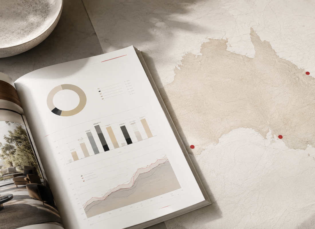 Editorial flat-lay of a printed Australian property market report beside a map of Australia