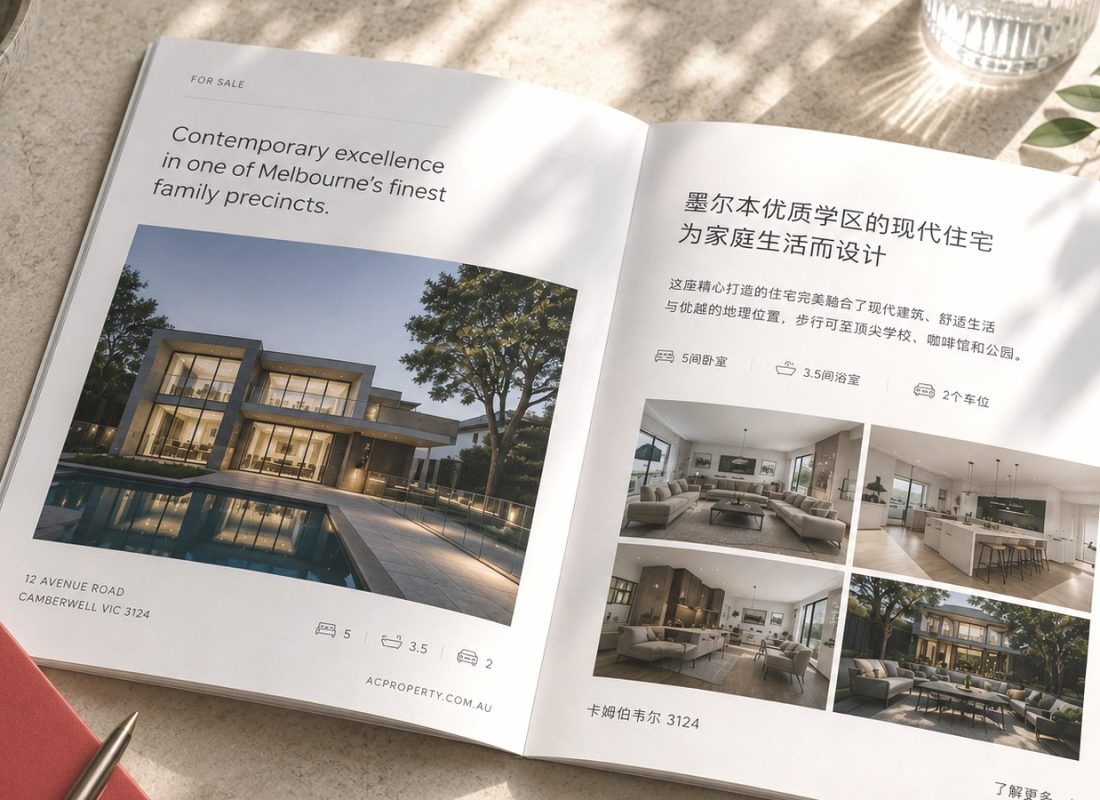 An ACproperty property brochure showing an Australian home listing in both English and Chinese — marketing Australian property to Chinese buyers.