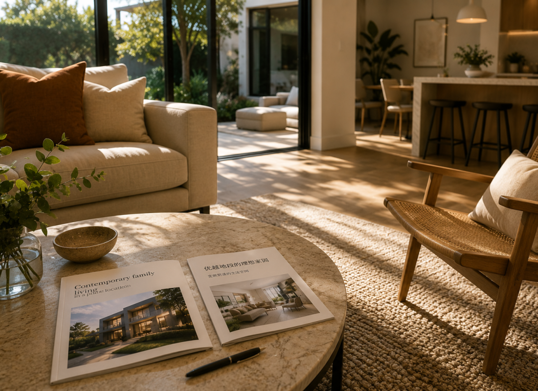 Bilingual property marketing brochure on a coffee table in a warm contemporary living room