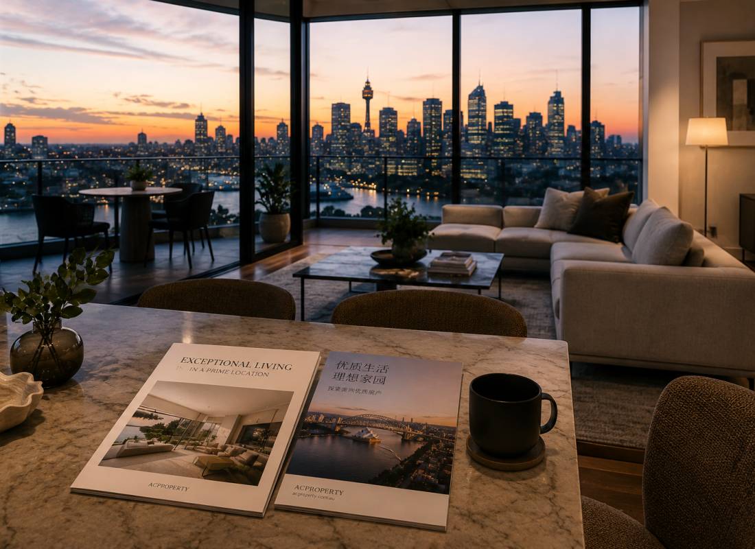 Luxury Sydney apartment at dusk with bilingual ACproperty marketing brochures on the table