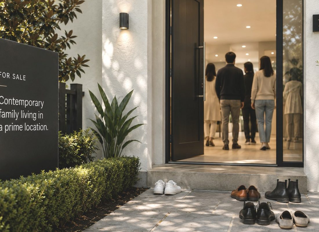 A 'For Sale' sign outside a contemporary Australian family home with the front door open and buyers' shoes left at the entrance during an open inspection.
