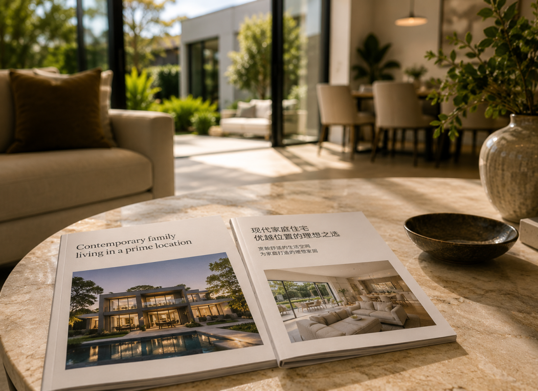 A bilingual English and Chinese property marketing brochure on a coffee table in a contemporary home