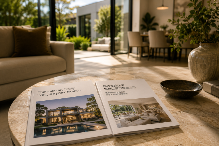 A bilingual English and Chinese property marketing brochure on a coffee table in a contemporary home