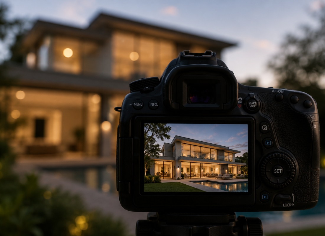 A camera capturing a contemporary home at dusk, representing maximising a property's exposure when selling