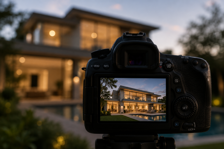 A camera capturing a contemporary home at dusk, representing maximising a property's exposure when selling