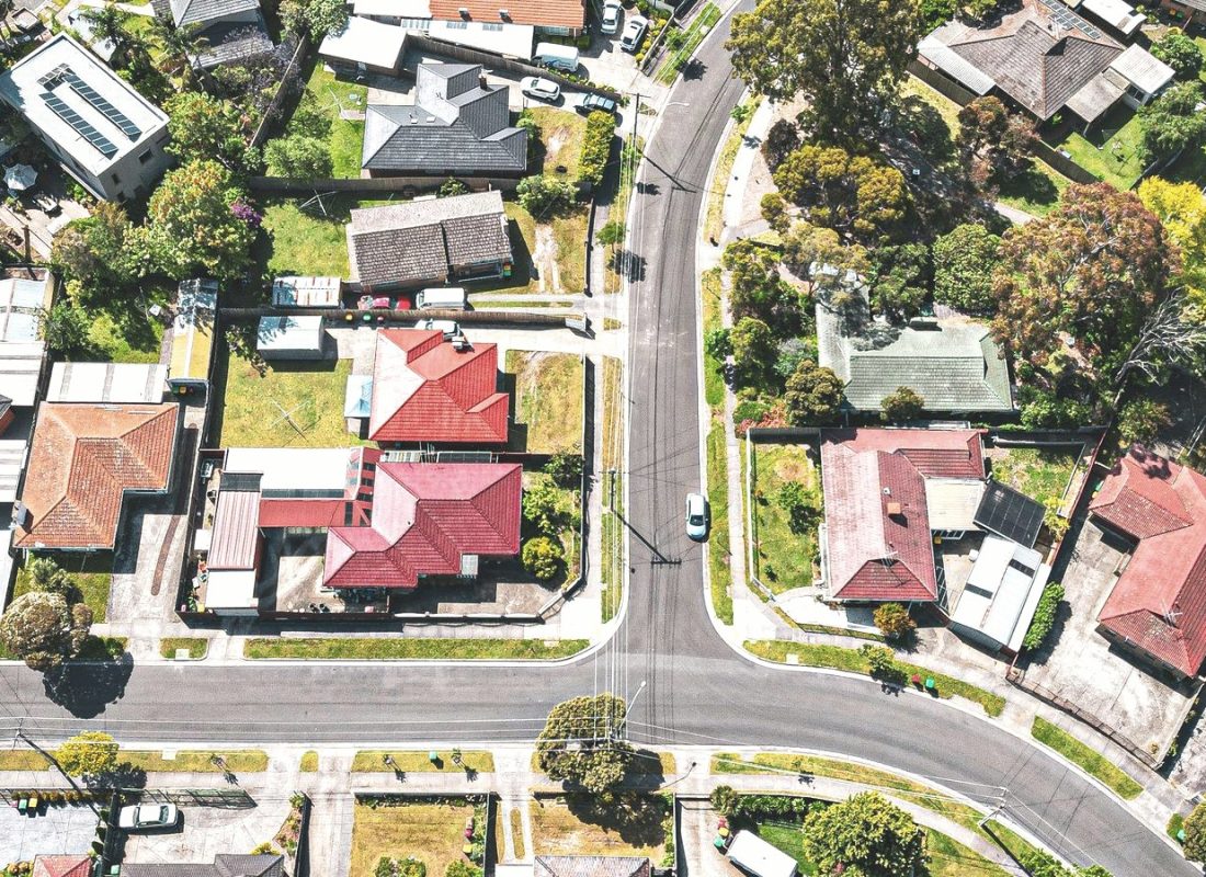 Aerial view of suburban rooftops in Melbourne