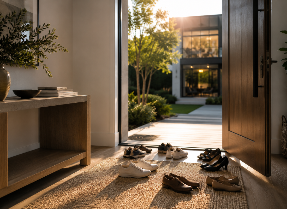 Shoes left at the front door of a contemporary home, a cultural cue when selling to Chinese buyers