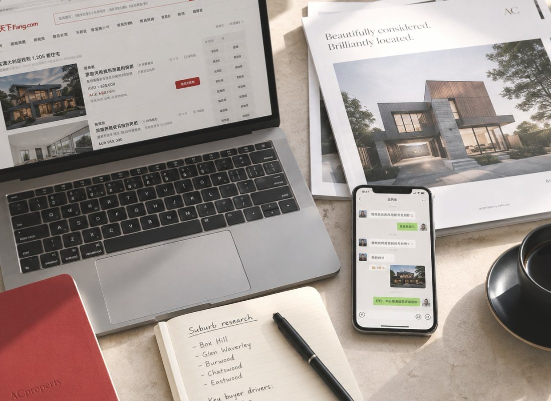 A desk with a laptop showing Chinese property portal Fang.com, a phone with a WeChat chat, and an ACproperty luxury property magazine — marketing an Australian listing to Chinese buyers.