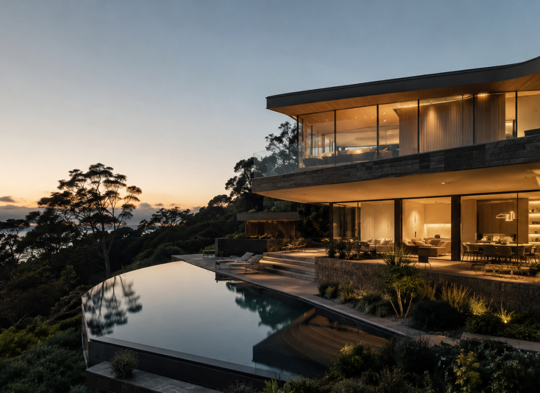 Prestige clifftop luxury home at dusk with infinity pool and warm-lit glazing overlooking the coast
