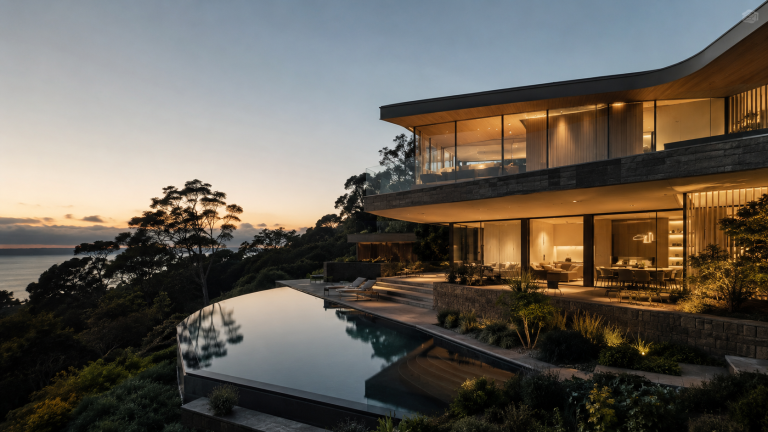 Prestige clifftop luxury home at dusk with infinity pool and warm-lit glazing overlooking the coast