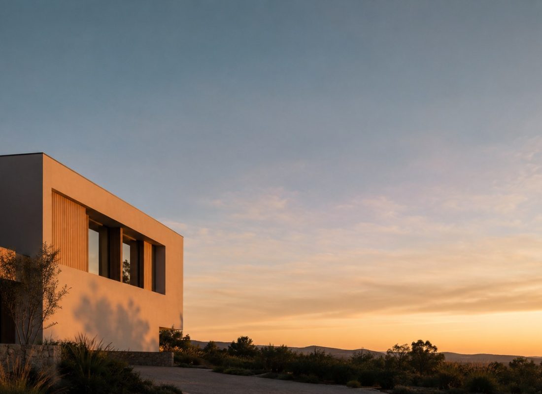 Contemporary Australian home at dusk with warm light on the facade and a wide open sky