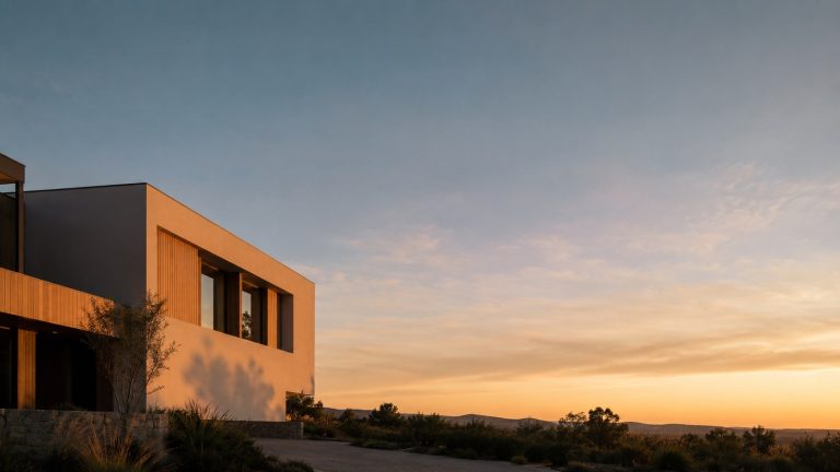 Contemporary Australian home at dusk with warm light on the facade and a wide open sky