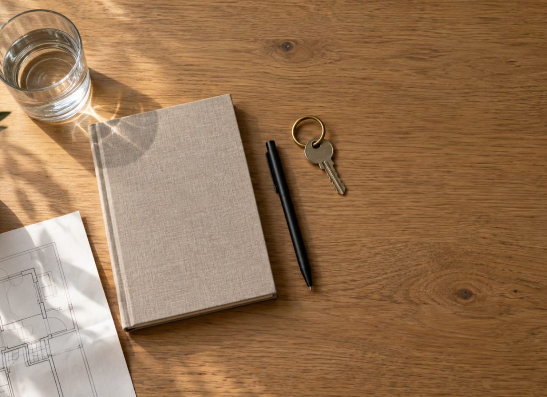 Linen notebook, pen, house key and floor plan on an oak desk