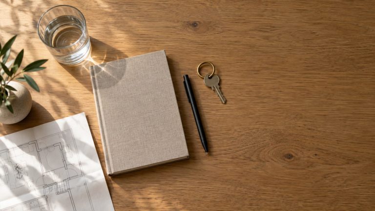 Linen notebook, pen, house key and floor plan on an oak desk