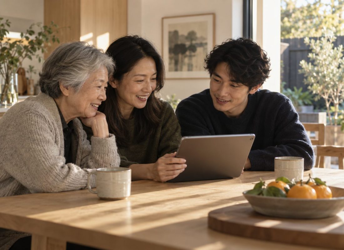 Three generations of a Chinese-Australian family looking at a tablet at the kitchen table