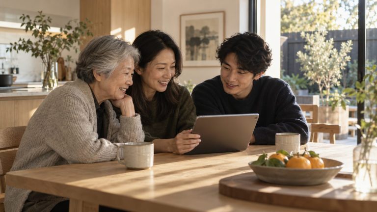 Three generations of a Chinese-Australian family looking at a tablet at the kitchen table
