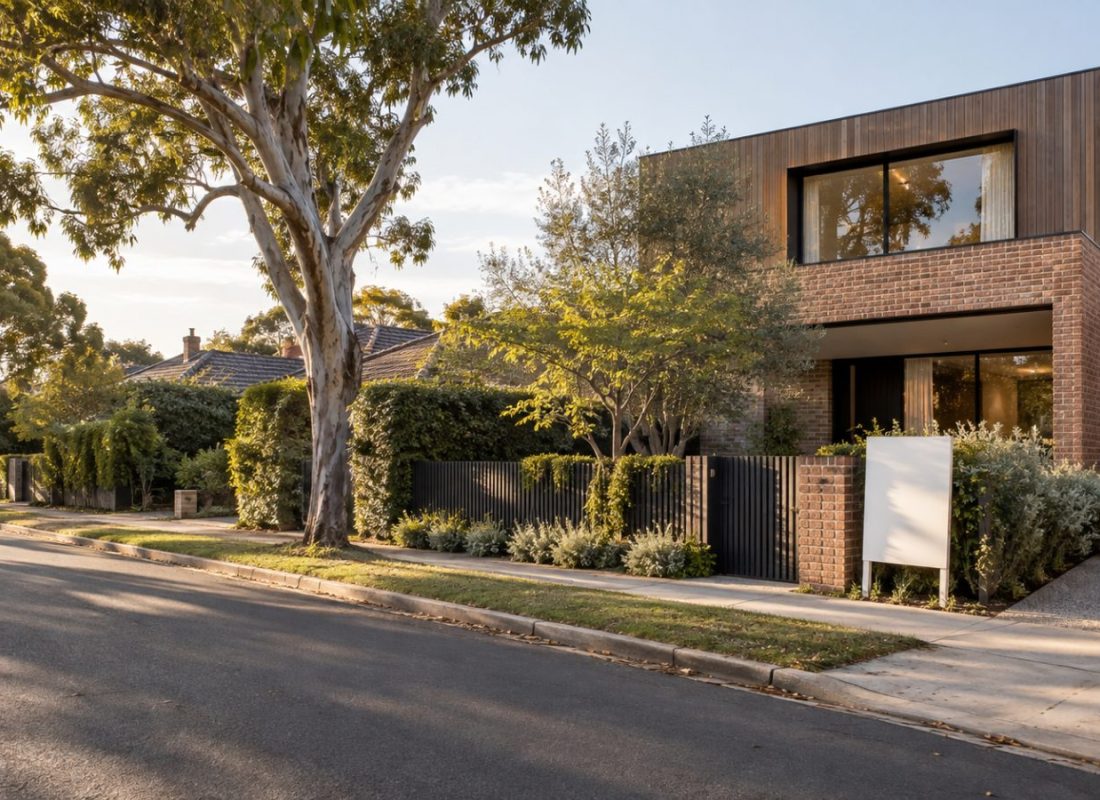 Contemporary brick and timber home on a leafy Melbourne street with a private sale sign at the gate
