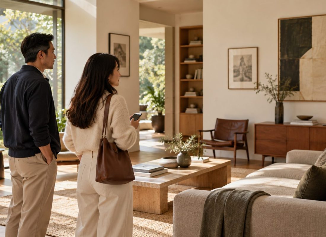 Chinese-Australian couple inspecting a light-filled Melbourne living room