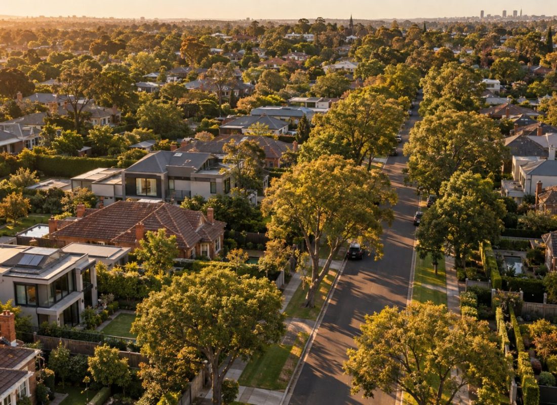 Aerial view of a leafy street of homes in Melbourne's eastern suburbs at golden hour