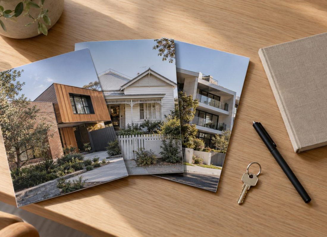 Property brochures, notebook, pen and house key on an oak table