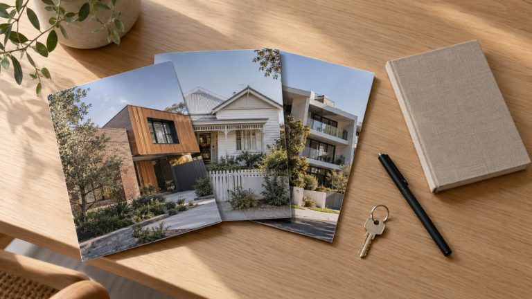 Property brochures, notebook, pen and house key on an oak table