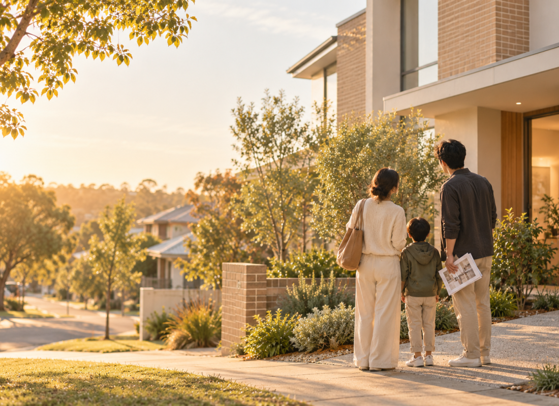 A Chinese family looking at a new-build home in an Australian suburb
