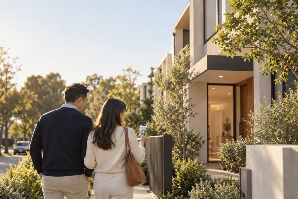 Chinese couple walking past a new Melbourne townhouse