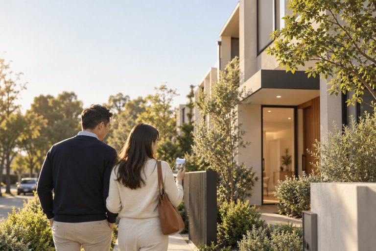 Chinese couple walking past a new Melbourne townhouse